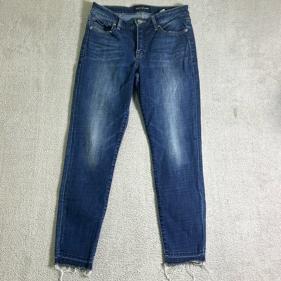 Lucky Brand Ava Skinny Jeans Women's 4/27 Dark Wash Denim Frayed Hem Mid Rise - Picture 1 of 16